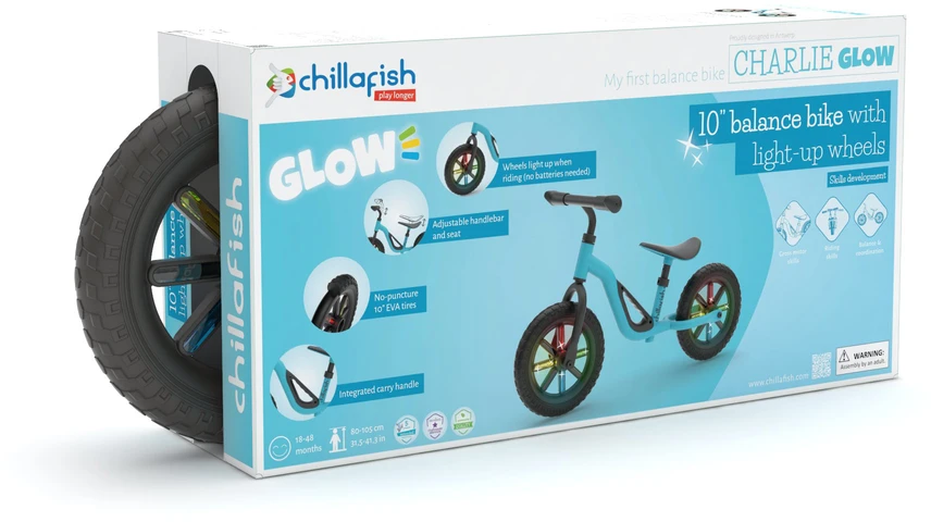 Chillafish – lengvas balansinis dviratis „GLOW 10“ su šviečiančiais ratukais – „Sky“, 1,5–4 metų vaikams (CPCH02SKY)