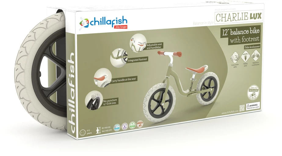 Chillafish - „Lux“ 12 colių lengvas balansinis dviratis – alyvuogių spalvos, 1,5–4 metų vaikams (CPCH05OLI)