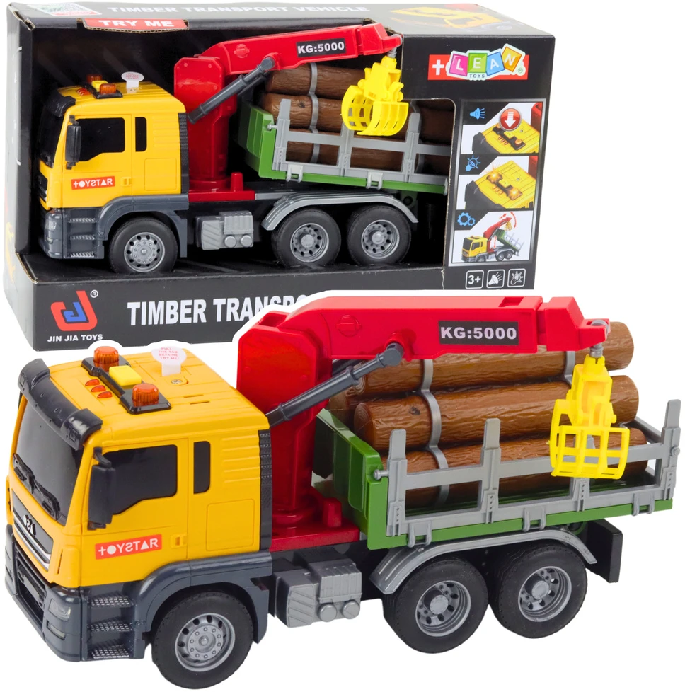Lean Toys Geltonas medienos gabenimo sunkvežimis su kranu 1:14