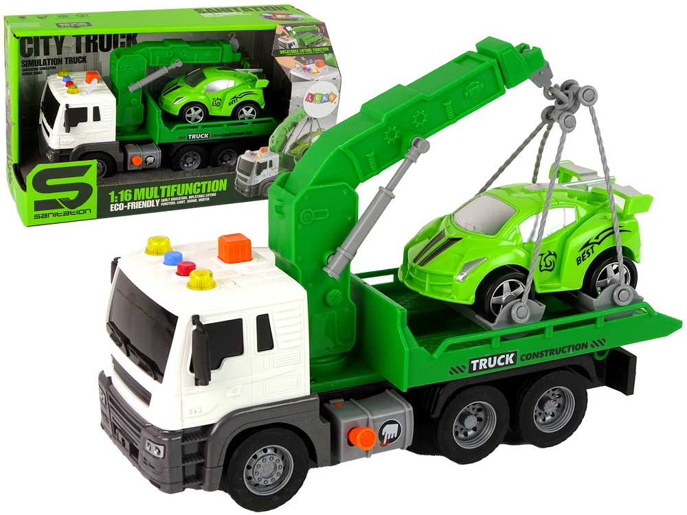 Lean Toys Žalios spalvos evakuatorius su garsu ir šviesomis, 1:16 mastelis