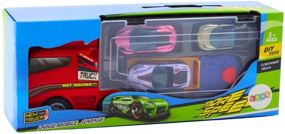 Lean Toys Sunkvežimis su garažu, paleidėju ir trimis automobiliais