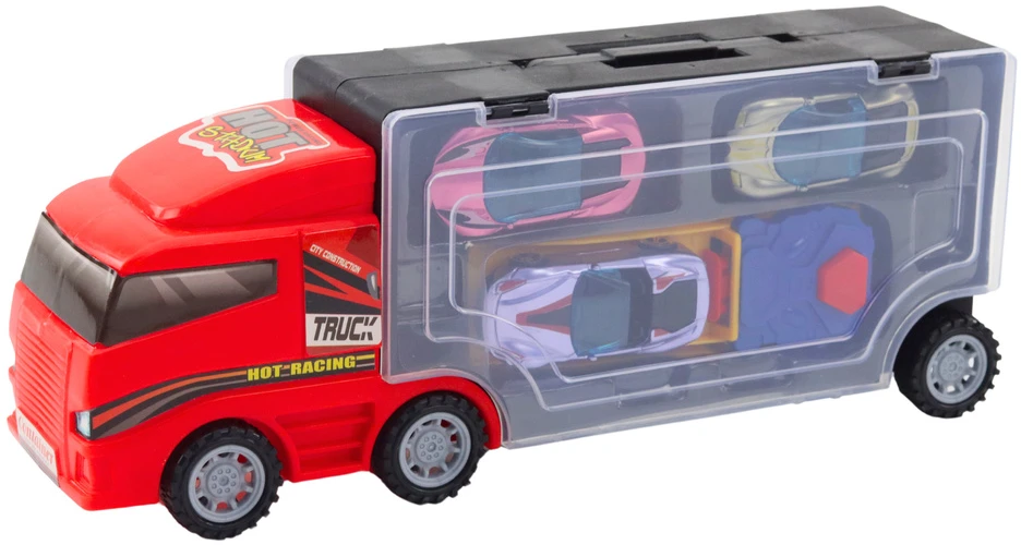 Lean Toys Sunkvežimis su garažu, paleidėju ir trimis automobiliais