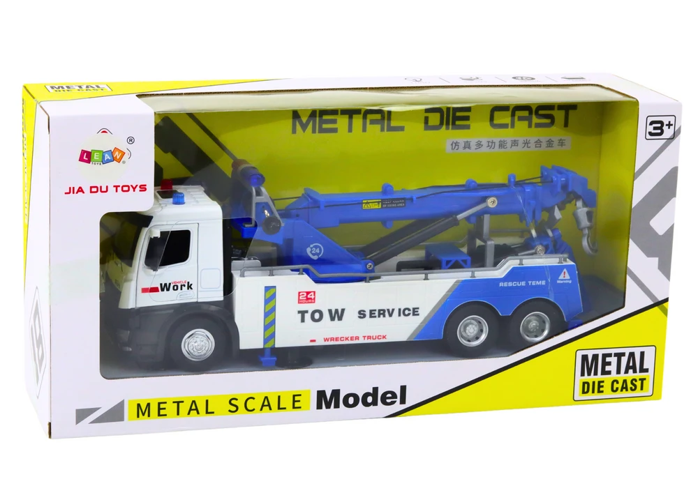 Lean Toys Baltas ir Mėlynas Sunkvežimis su Kranu ir Dviem Metaliniais Kabliais