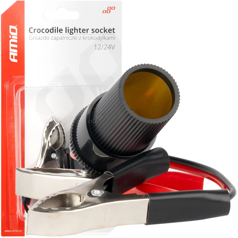 Adapteris į žiebtuvėlio lizdą 12V/24V, krokodilo tipo, 15 cm AMIO-03803