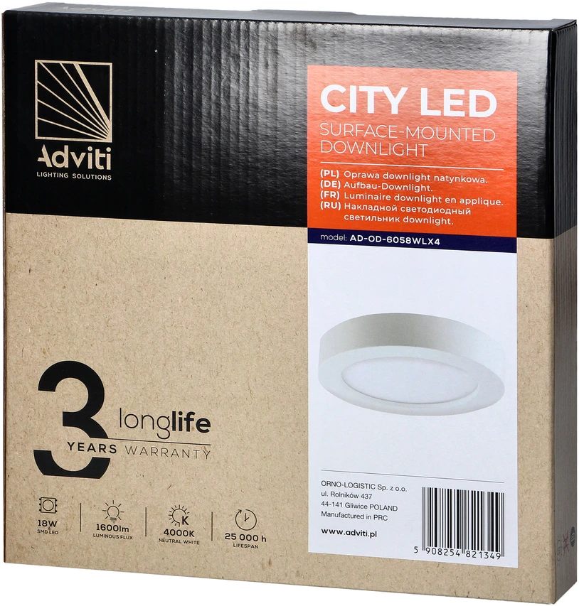 Lubinis šviestuvas Orno CITY LED 18W, įleidžiamas šviestuvas, paviršinio montavimo, apvalus, 1600lm, 4000K, baltas, su integruotu LED maitinimo šaltiniu