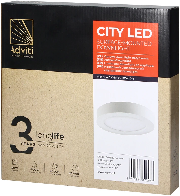Lubinis šviestuvas Orno CITY LED 20W, įleidžiamas šviestuvas, paviršinio montavimo, apvalus, 1700lm, 4000K, baltas, su integruotu LED maitinimo šaltiniu