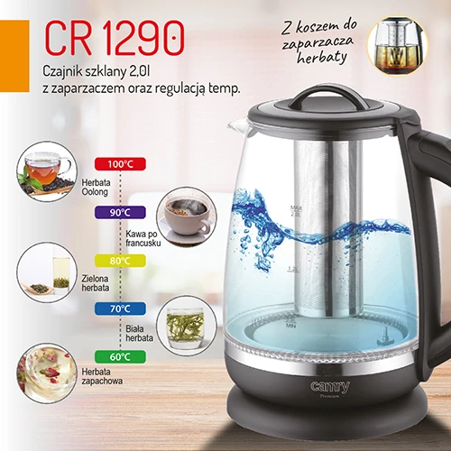 Adler Camry | Virdulys | CR 1290 | Standard | 2200 W | 2 L | Plastic/glass | 360° rotational base | Juodas/Transparent