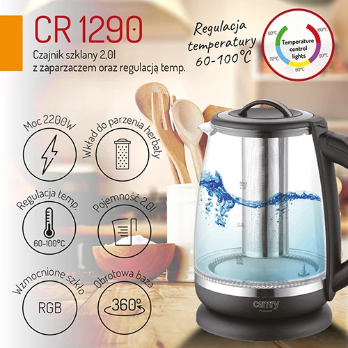 Adler Camry | Virdulys | CR 1290 | Standard | 2200 W | 2 L | Plastic/glass | 360° rotational base | Juodas/Transparent