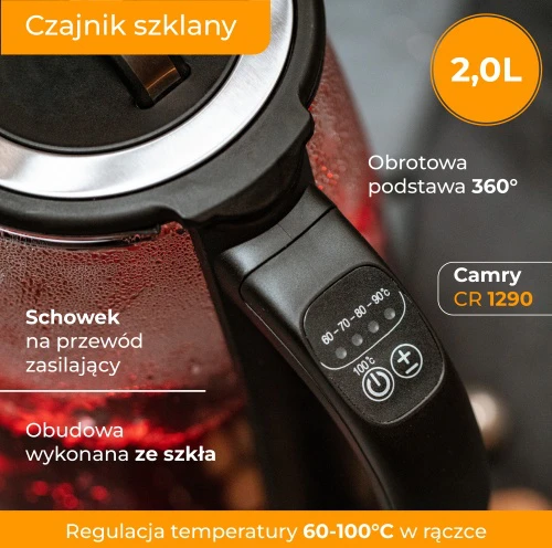 Adler Camry | Virdulys | CR 1290 | Standard | 2200 W | 2 L | Plastic/glass | 360° rotational base | Juodas/Transparent