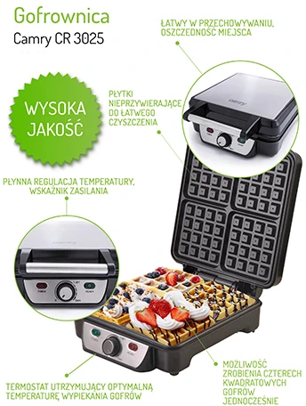 Camry | Vaflinė | CR 3025 | 1150 W | Number of pastry 4 | Belgium | Juodas/Nerūdijantis plienas