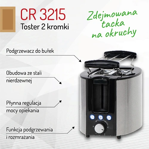 Skrudintuvas Adler Camry | Toaster | CR 3215 | Power 1000 W | Number of slots 2 | Housing material Nerūdijantis plienas | Juodas/Nerūdijantis plienas