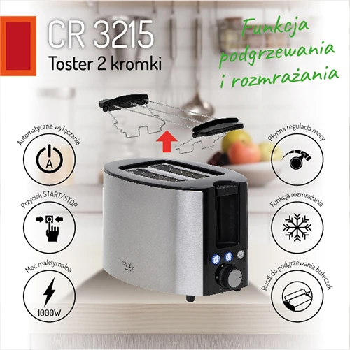 Skrudintuvas Adler Camry | Toaster | CR 3215 | Power 1000 W | Number of slots 2 | Housing material Nerūdijantis plienas | Juodas/Nerūdijantis plienas