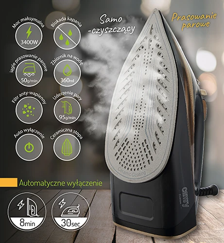 Camry | Garų lygintuvas | CR 5036 | Garų lygintuvas | 3400 W | Vanduo tank capacity 360 ml | Continuous steam 50 g/min | Juodas/Gold