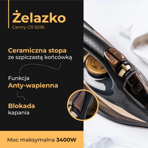 Camry | Garų lygintuvas | CR 5036 | Garų lygintuvas | 3400 W | Vanduo tank capacity 360 ml | Continuous steam 50 g/min | Juodas/Gold