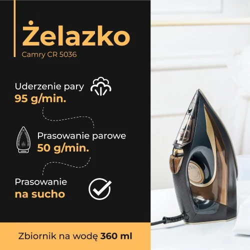 Camry | Garų lygintuvas | CR 5036 | Garų lygintuvas | 3400 W | Vanduo tank capacity 360 ml | Continuous steam 50 g/min | Juodas/Gold