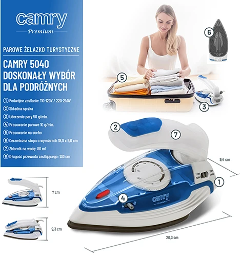Camry CR 5040 | Kelioninis lygintuvas su garais | 1600 W | Vanduo bako talpa 80 ml | Nepertraukiamas garas 10 g/min | Garų padidinimo efektyvumas 50 g/min | Mėlyna/Baltas