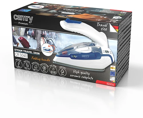 Camry CR 5040 | Kelioninis lygintuvas su garais | 1600 W | Vanduo bako talpa 80 ml | Nepertraukiamas garas 10 g/min | Garų padidinimo efektyvumas 50 g/min | Mėlyna/Baltas