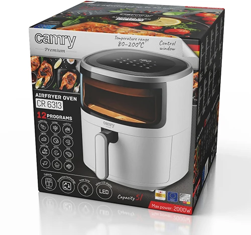 Gruzdintuvė Camry Airfryer orkaitė | CR 6313 | Galia 2000 W | Talpa 5 L | Konvekcija | Baltas