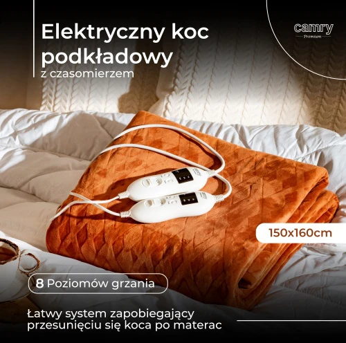 Camry | Elektrinė šildymo antklodė su laikmačiu | CR 7436 | Šildymo lygių skaičius 8 | Asmenų skaičius 2 | Skalbiamas | Nuotolinio valdymo pultas | Itin minkštas flisas/poliesteris | 2x60 W