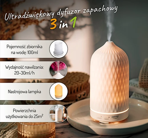 Drėkintuvas Camry | Ultragarsinis aromato difuzorius 3in1 | CR 7970 | Ultragarsinis | Tinka kambariams iki 25 m² | Baltas