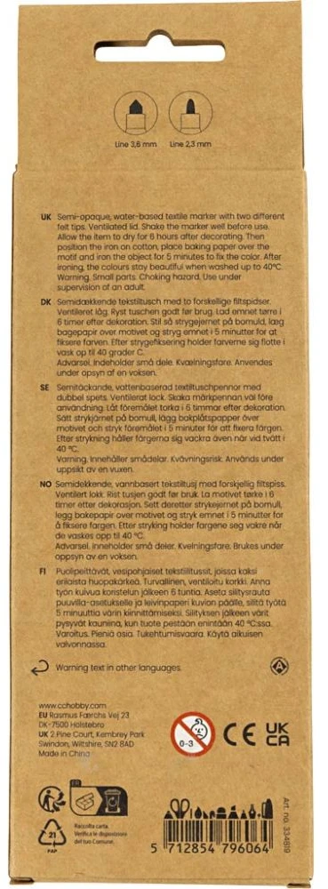 Creativ Company - Tekstiliniai žymekliai, linijos 2,3+3,6 mm, standartinės spalvos, 6 vnt. / 1 ​​pakuotė (334819)