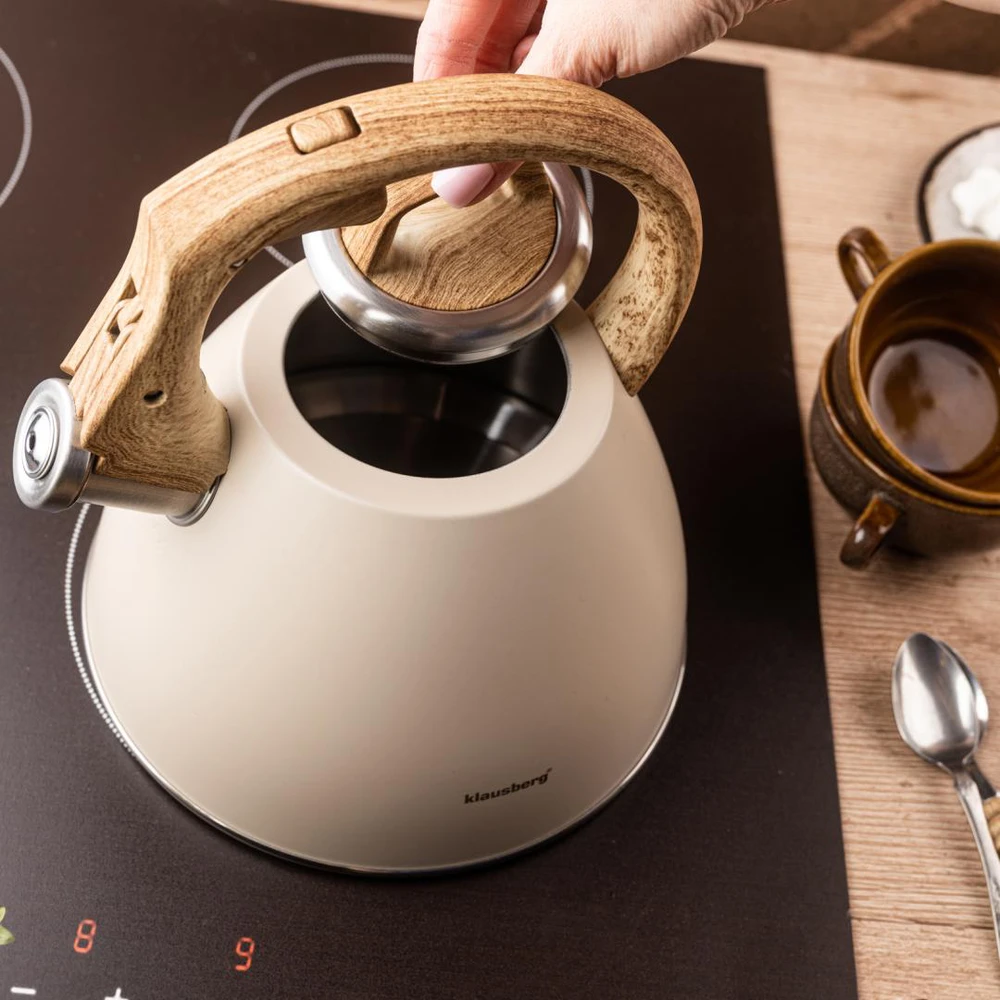 Virdulys, 2,5 l smėlio spalvos plieno virdulys su medžio imitacijos rankena, Klausberg kb-7954