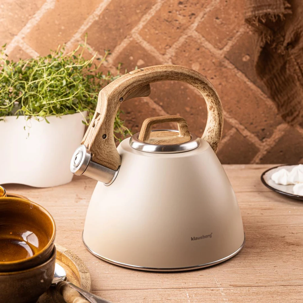 Virdulys, 2,5 l smėlio spalvos plieno virdulys su medžio imitacijos rankena, Klausberg kb-7954