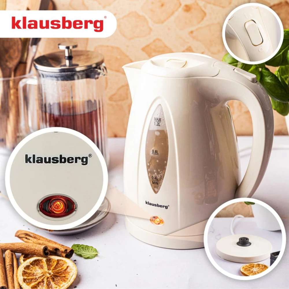 Virdulys, Elektrinis virdulys 1,2 l, grietinėlės spalvos, LED, greitai užverdantis, Klausberg
