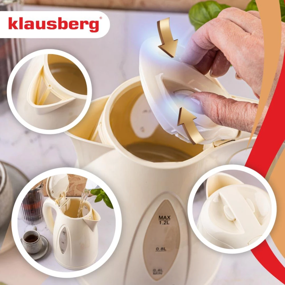 Virdulys, Elektrinis virdulys 1,2 l, grietinėlės spalvos, LED, greitai užverdantis, Klausberg