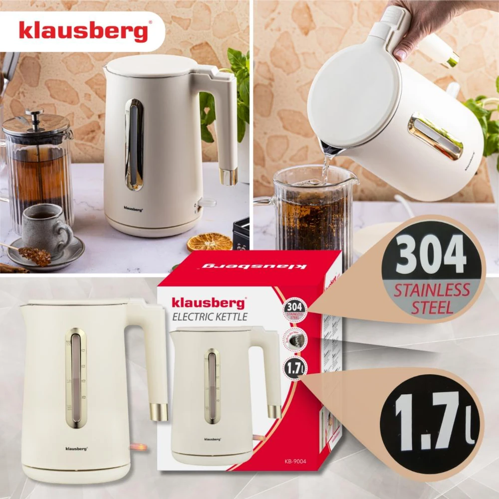 Virdulys, Elektrinis virdulys, 1,7 l, kreminės spalvos 304 plienas, klausberg KB-9004