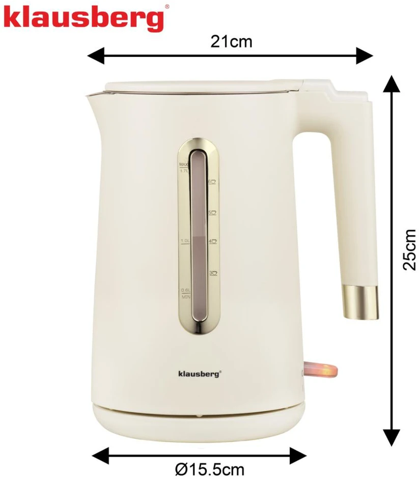 Virdulys, Elektrinis virdulys, 1,7 l, kreminės spalvos 304 plienas, klausberg KB-9004