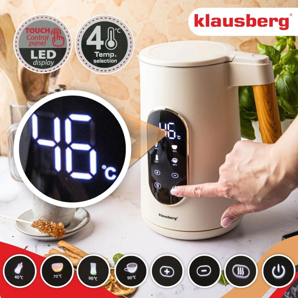 Virdulys, Elektrinis virdulys, 1,7 l, lietimui jautrus LED ekranas, temperatūros valdymas, Klausberg