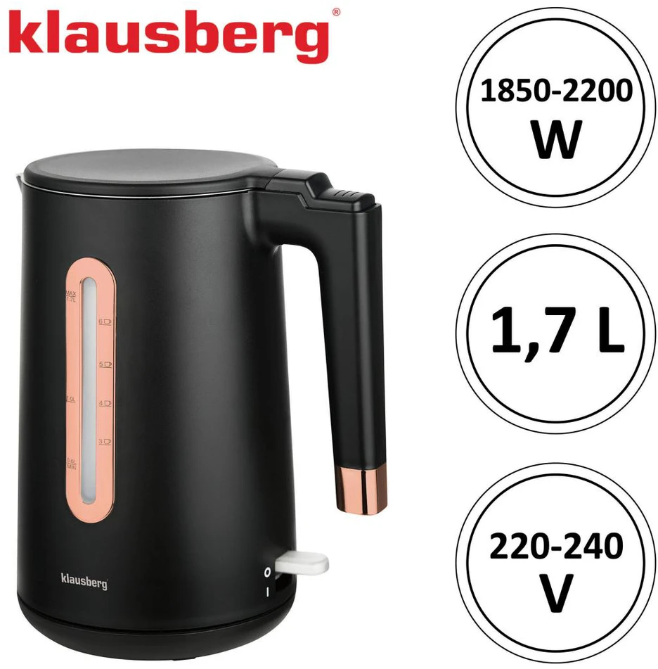 Virdulys, Elektrinis virdulys, juodas/rožinio aukso spalvos, 1,7 l, klausberg, KB-7889