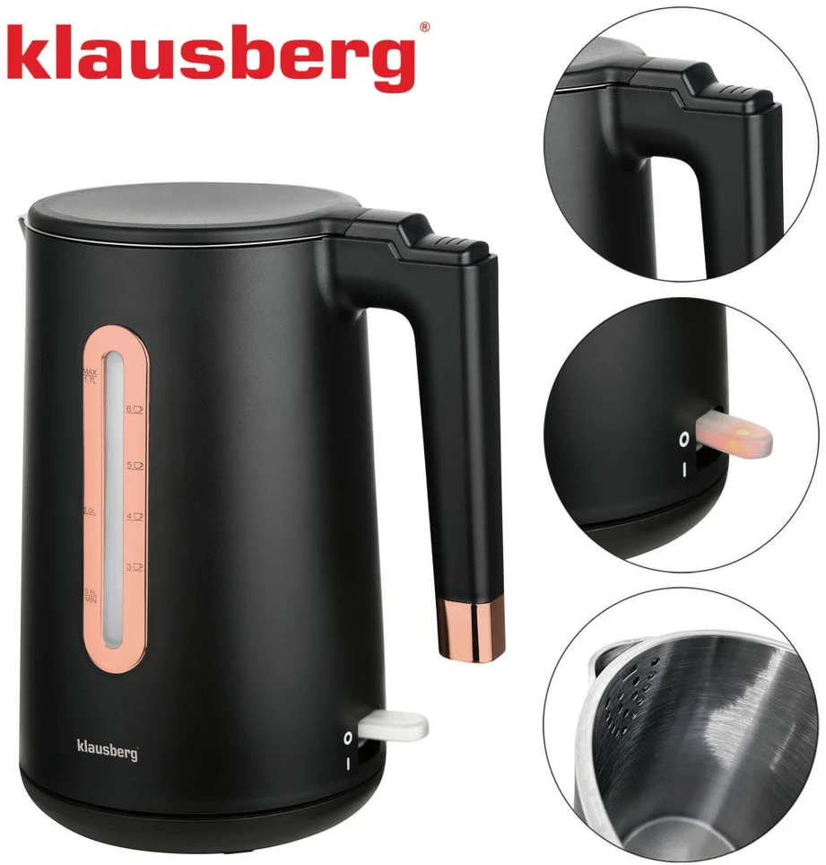 Virdulys, Elektrinis virdulys, juodas/rožinio aukso spalvos, 1,7 l, klausberg, KB-7889