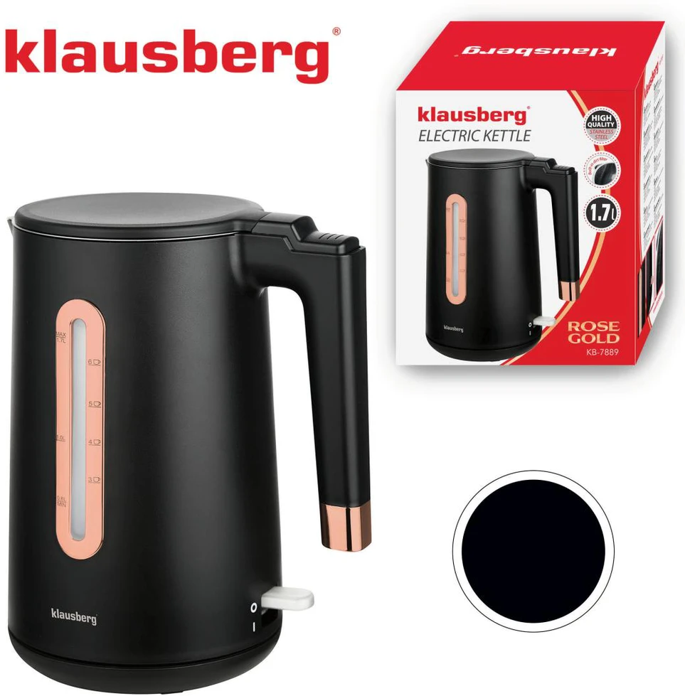 Virdulys, Elektrinis virdulys, juodas/rožinio aukso spalvos, 1,7 l, klausberg, KB-7889