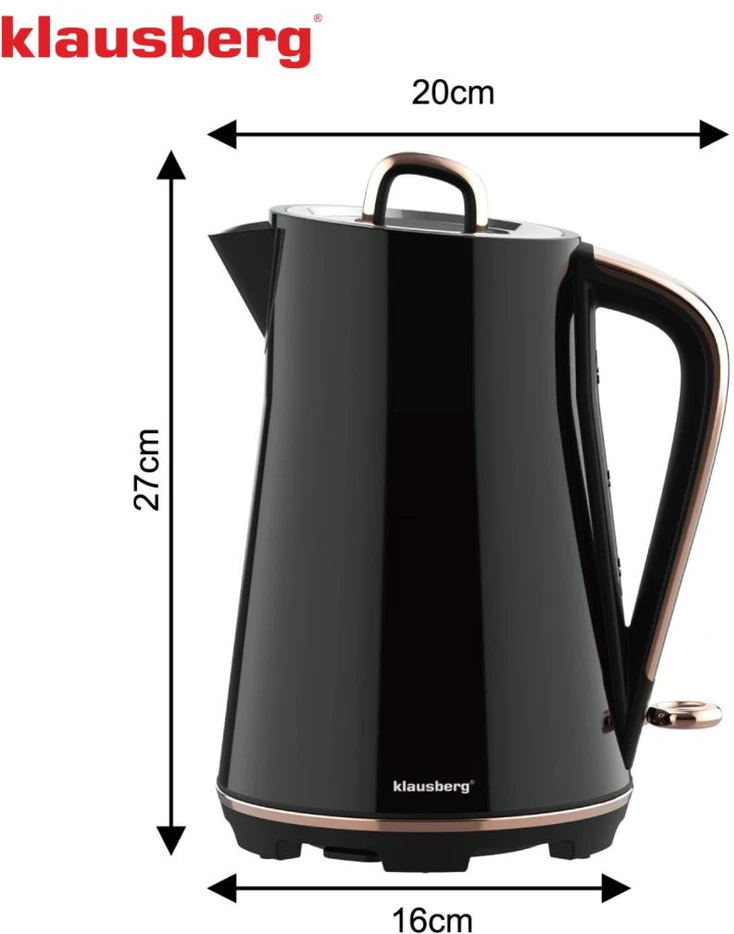 Virdulys, Elektrinis virdulys, nerūdijančio plieno, juodas, 1,7 l, 1850–2200 W, klausberg, KB-9015