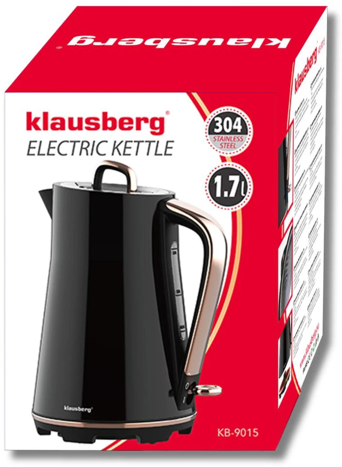 Virdulys, Elektrinis virdulys, nerūdijančio plieno, juodas, 1,7 l, 1850–2200 W, klausberg, KB-9015
