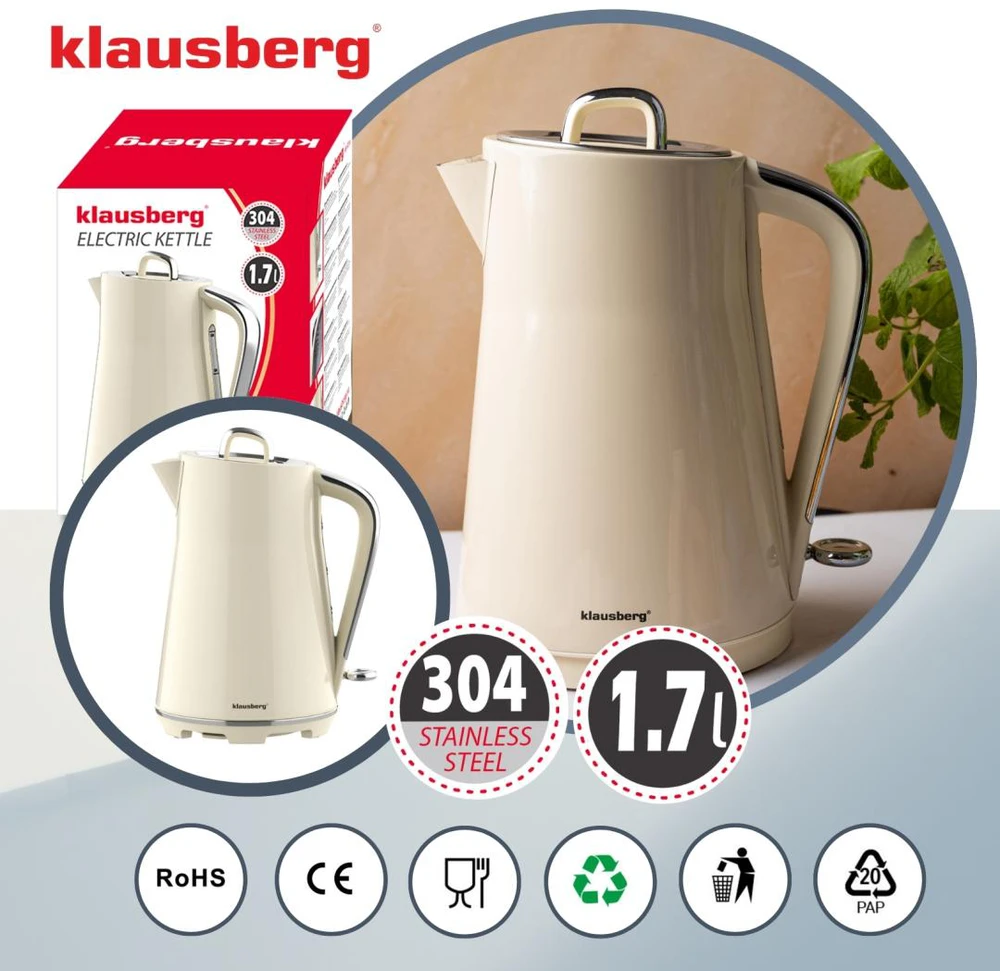 Virdulys, Elektrinis virdulys, nerūdijančio plieno, grietinėlės spalvos, 1,7 l, 1850–2200 W, klausberg, KB-9016