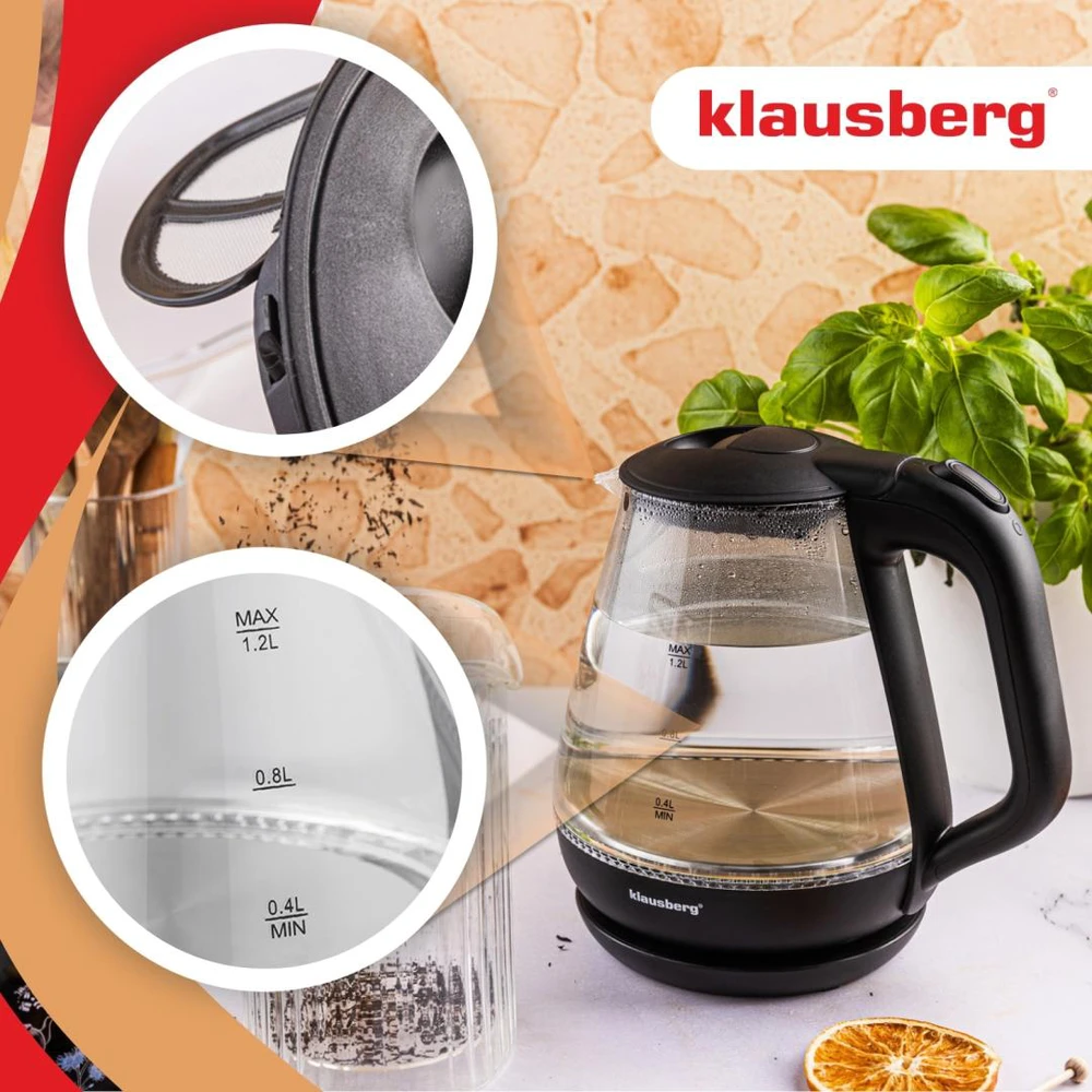 Virdulys, Elektrinis virdulys, stiklinis, 1,2 l, LED, Klausberg kb-9003