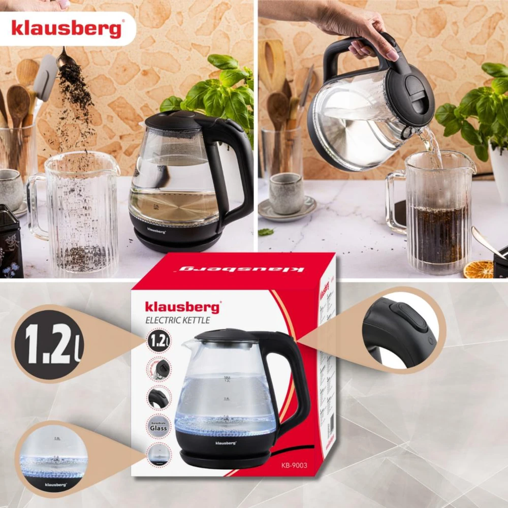 Virdulys, Elektrinis virdulys, stiklinis, 1,2 l, LED, Klausberg kb-9003