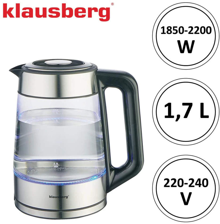 Virdulys, Elektrinis virdulys, stiklinis, su LED, 1,7 l, Klausberg, kb-7888