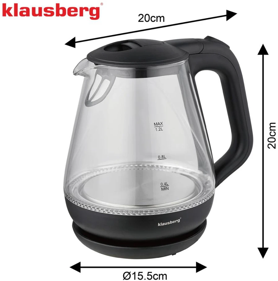 Virdulys, Elektrinis virdulys, stiklinis, 1,2 l, LED, Klausberg kb-9003