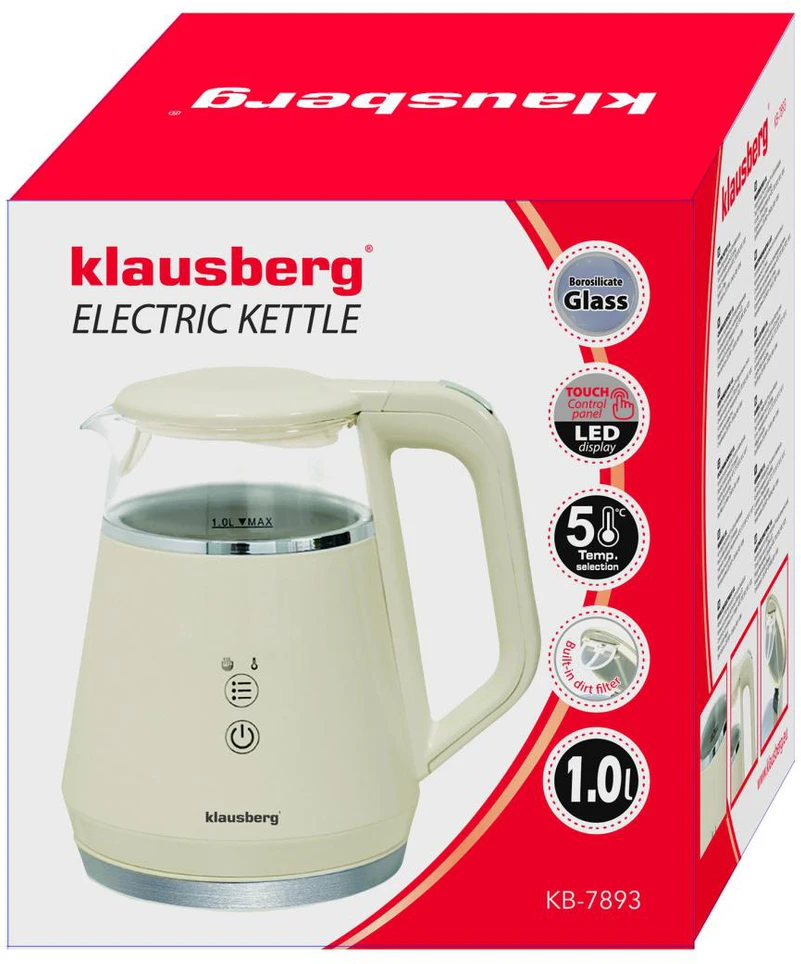 Virdulys, Elektrinis virdulys, stiklinis, LED panelė, 1 l, Klausberg, kb-7893