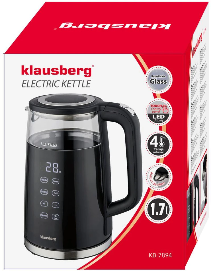Virdulys, Elektrinis virdulys, stiklinis, juodas, LED panelė, 1 l, Klausberg, kb-7894