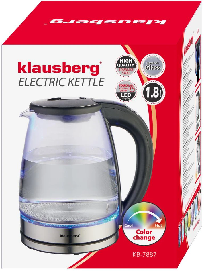 Virdulys, Elektrinis virdulys, stiklinis, su LED, 1,8 l, Klausberg, kb-7887