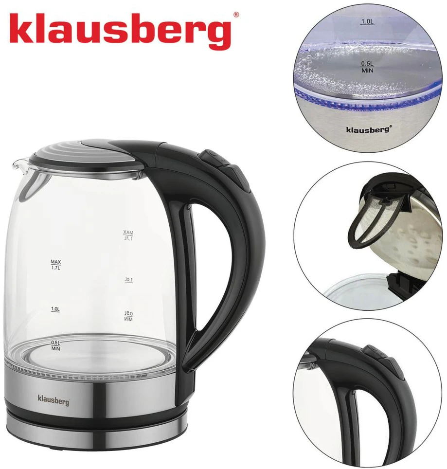Virdulys, Elektrinis virdulys, stiklinis, su LED, 1,7 l, Klausberg, kb-7886