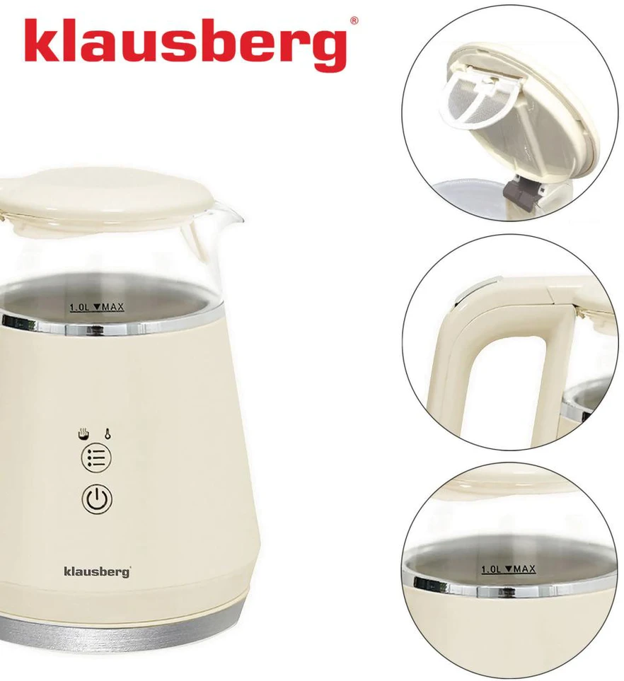 Virdulys, Elektrinis virdulys, stiklinis, LED panelė, 1 l, Klausberg, kb-7893