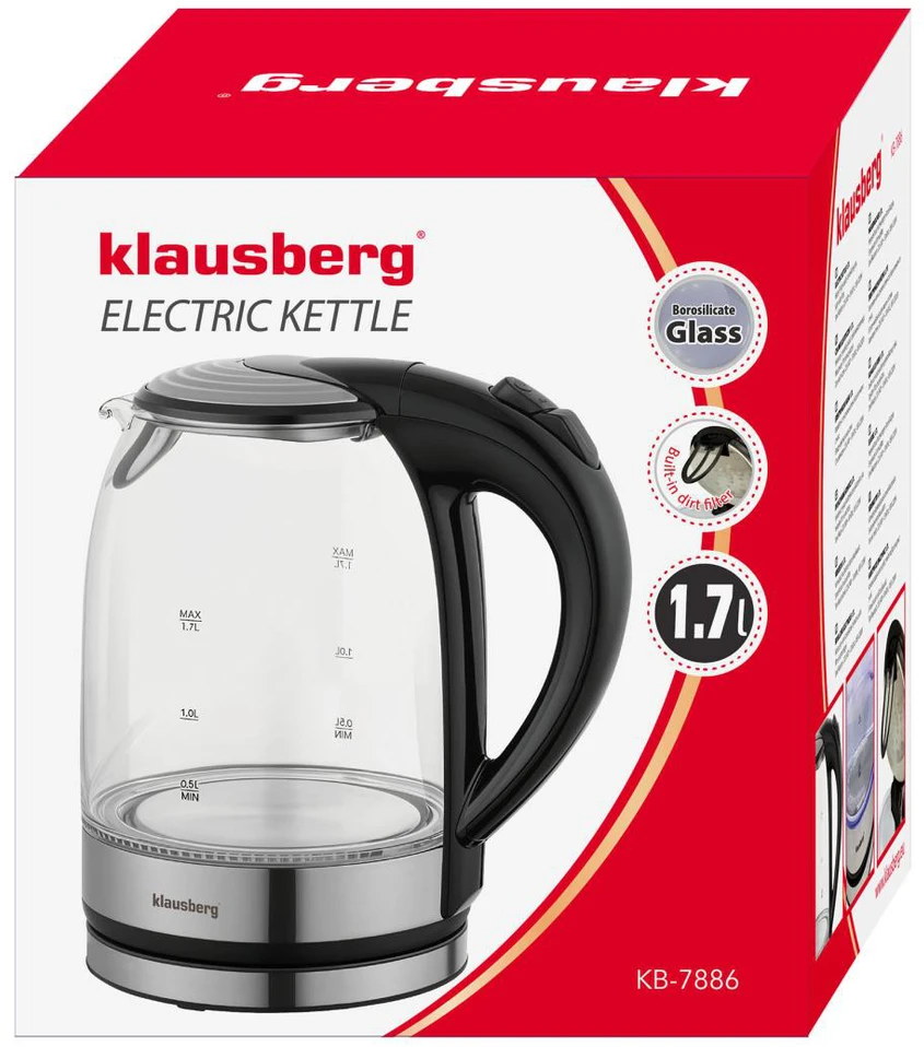 Virdulys, Elektrinis virdulys, stiklinis, su LED, 1,7 l, Klausberg, kb-7886