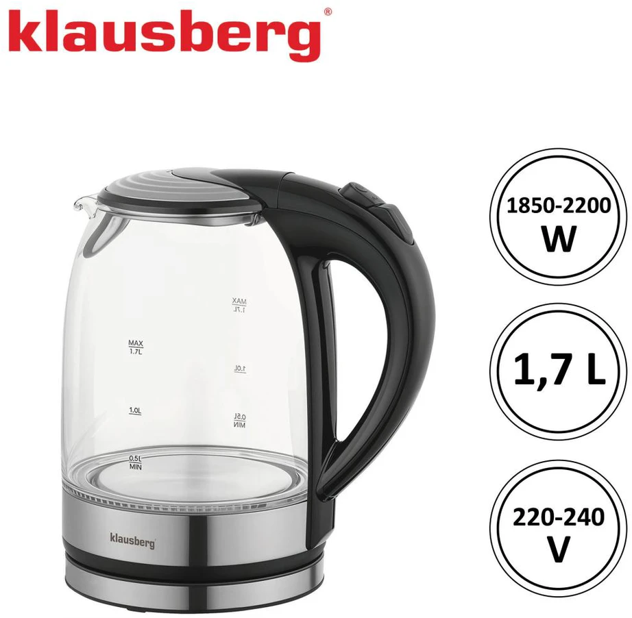 Virdulys, Elektrinis virdulys, stiklinis, su LED, 1,7 l, Klausberg, kb-7886