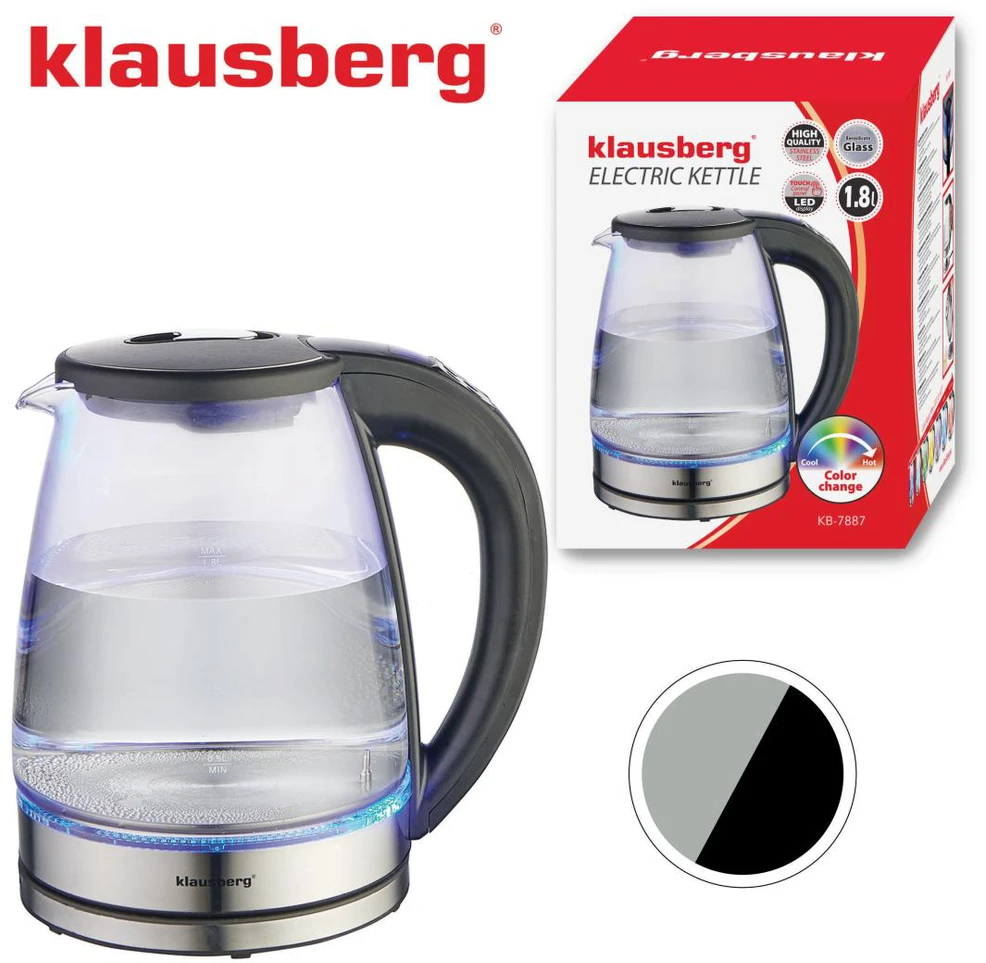 Virdulys, Elektrinis virdulys, stiklinis, su LED, 1,8 l, Klausberg, kb-7887